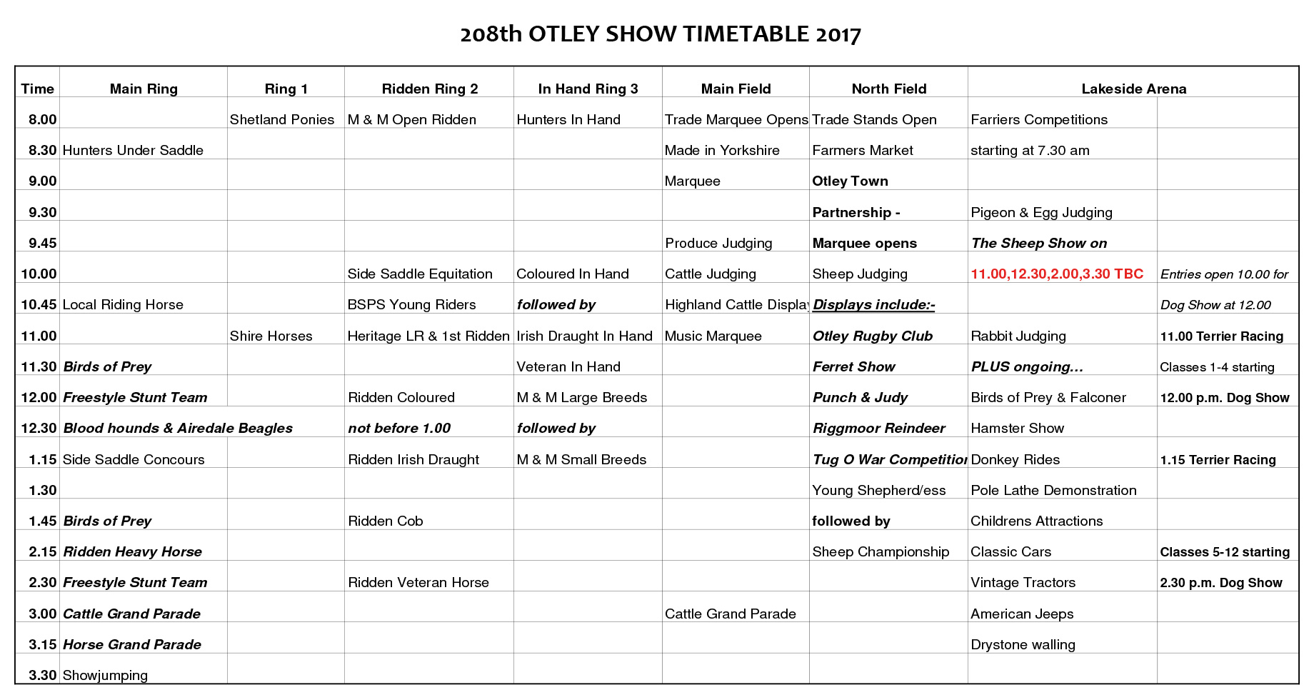 Otley Show Timetable 2017